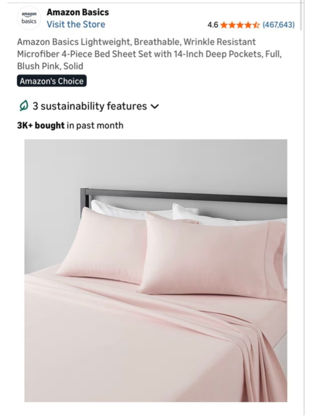 Amazon Basics Full Size Lightweight Microfiber 4-Piece Bed Sheet Set in Pink